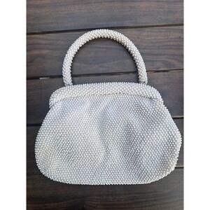 Vintage 1950s Ivory Cord Beaded Evening Purse | Cream Bridal Handbag Rockabilly